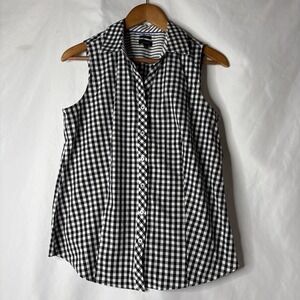 TALBOTS Women's 8 Non Iron Checked Collared  Tank Top Black White Cotton